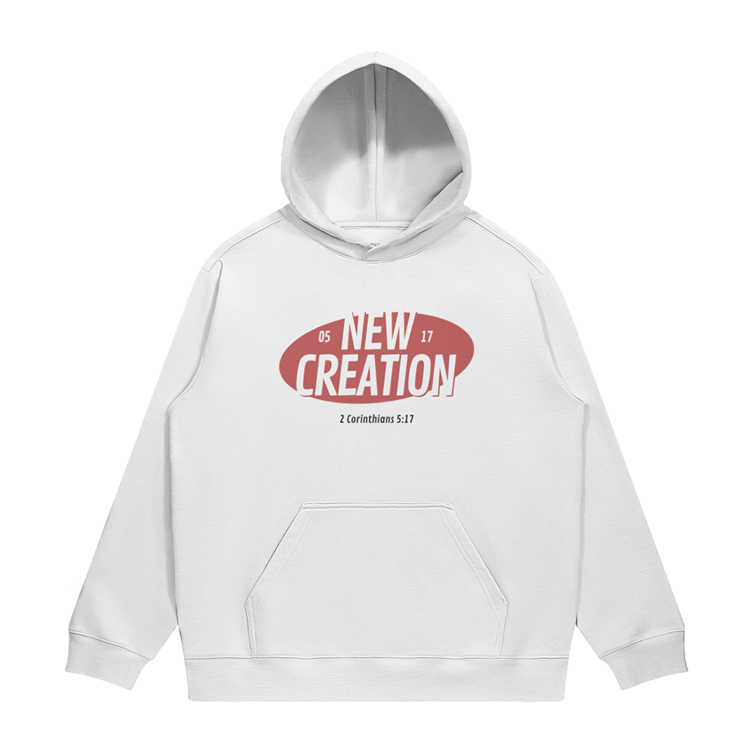 HYPE4HOLY NEW CREATION CLASSIC HOODIE FRONT | White hoodie with red and white text on a white background