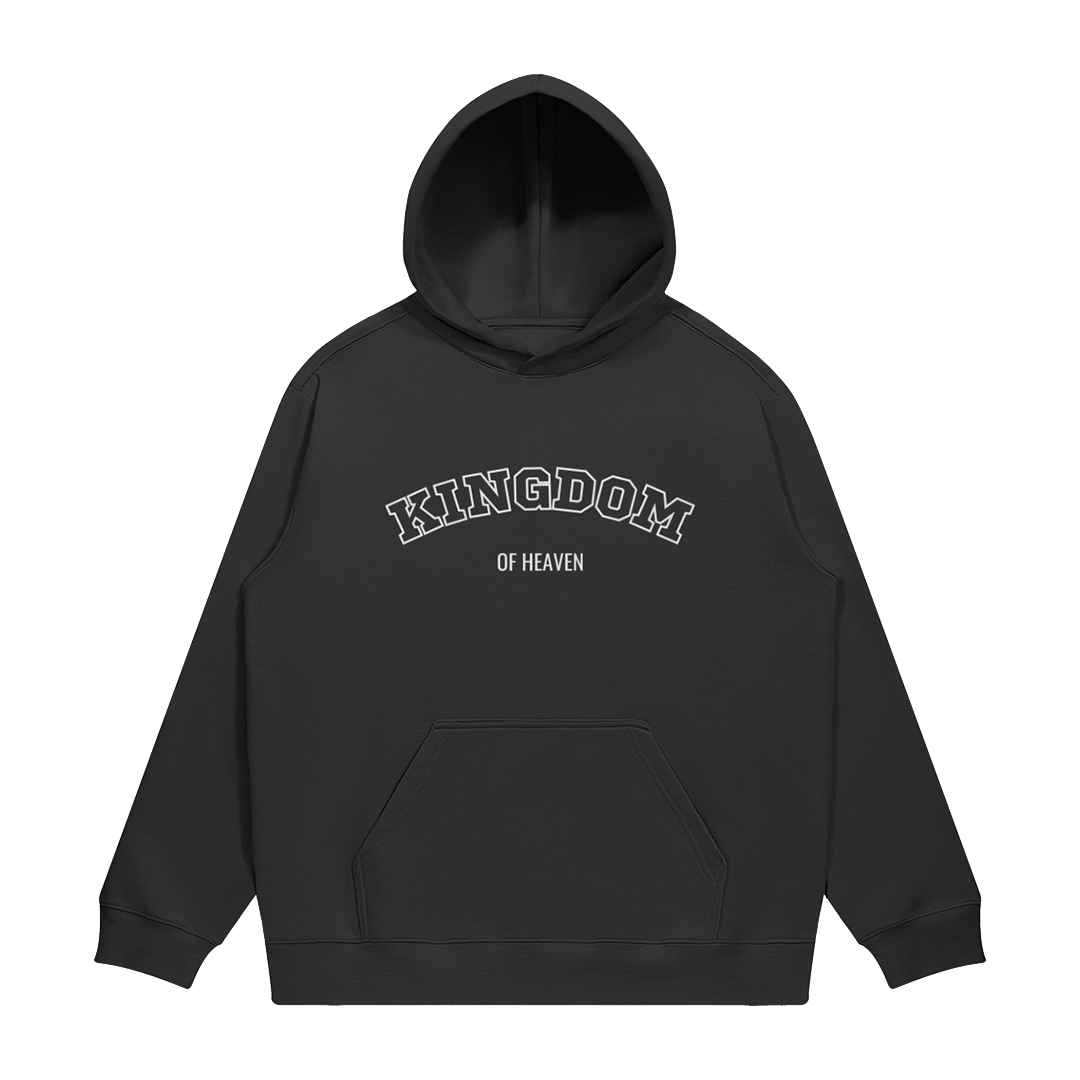 hype4holy kingdom of heaven heavyweight oversized hoodie black back | Black hoodie with 'Kingdom of Heaven' text on a white background