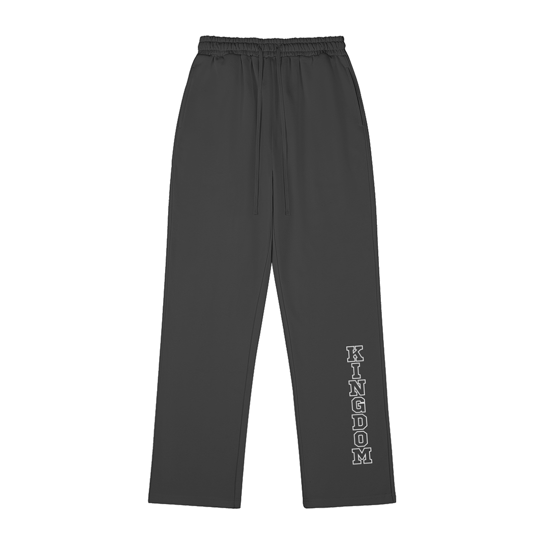 hype4holy christian apparel streetwear sweatpants | Blackweatpants with 'Kingdom' text on a white background