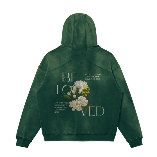 HYPE4HOLY BELOVED OVERSIZED SUN FADED HOODIE | Mineral green color, flat, back side