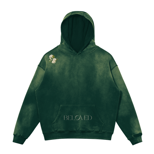 HYPE4HOLY BELOVED OVERSIZED SUN FADED HOODIE | Mineral green color, flat, back side