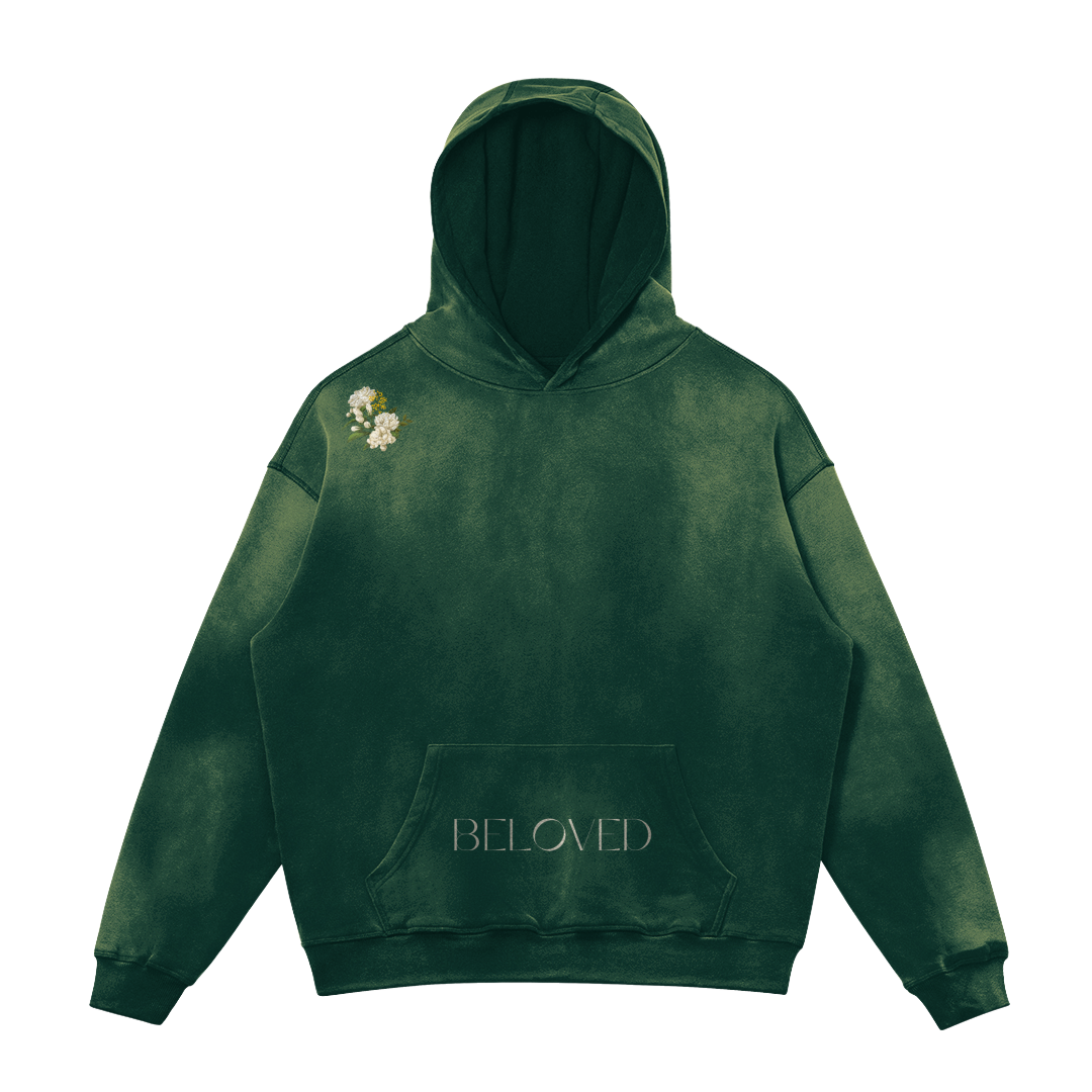 HYPE4HOLY BELOVED SUN FADED HOODIE | Mineral color, flat, front