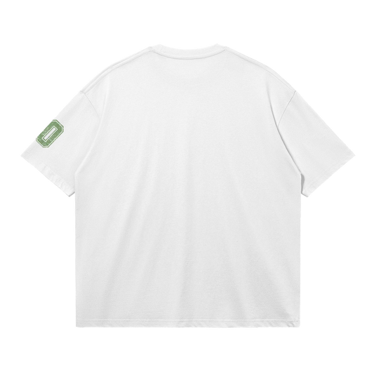 HYPE4HOLY FORGIVEN BOXY T-SHIRT PURE_WHITE color flat POSITION BACK side, White t-shirt with green text and design.