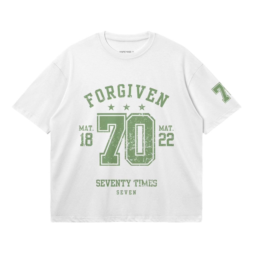 HYPE4HOLY FORGIVEN BOXY T-SHIRT PURE_WHITE color flat POSITION FRONT side, White t-shirt with green text and design on a white background.