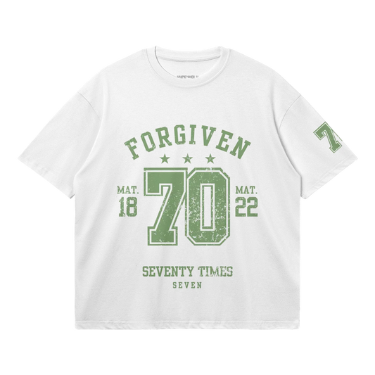 HYPE4HOLY FORGIVEN BOXY T-SHIRT PURE_WHITE color flat POSITION FRONT side, White t-shirt with green text and design on a white background.