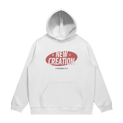 HYPE4HOLY NEW CREATION CLASSIC HOODIE FRONT | White hoodie with red and white text on a white background
