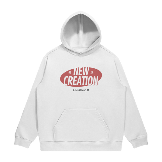 HYPE4HOLY NEW CREATION CLASSIC HOODIE FRONT | White hoodie with red and white text on a white background