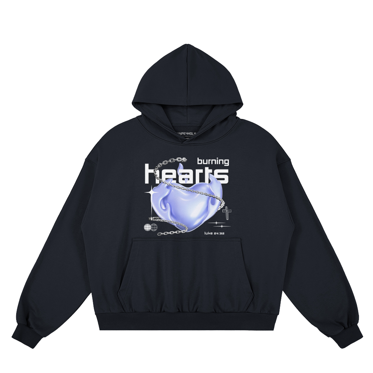 hype4holy navy hoodie with graphic design and text on a white background