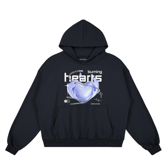 hype4holy navy hoodie with graphic design and text on a white background