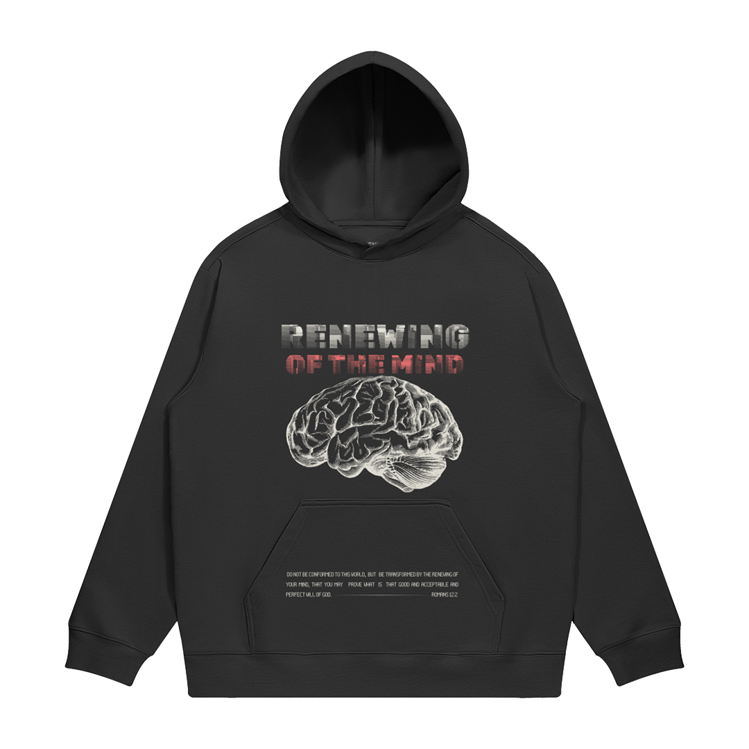 hype4holy christian apparel renewing of the mind black hoodie front | Black hoodie with brain graphic and text on a white background