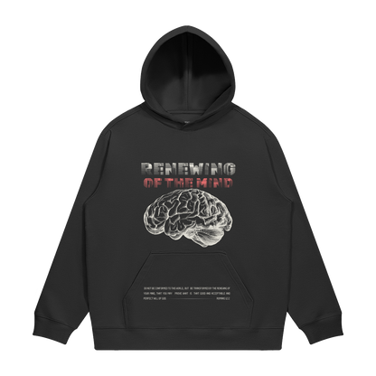 hype4holy christian apparel renewing of the mind black hoodie front | Black hoodie with brain graphic and text on a white background