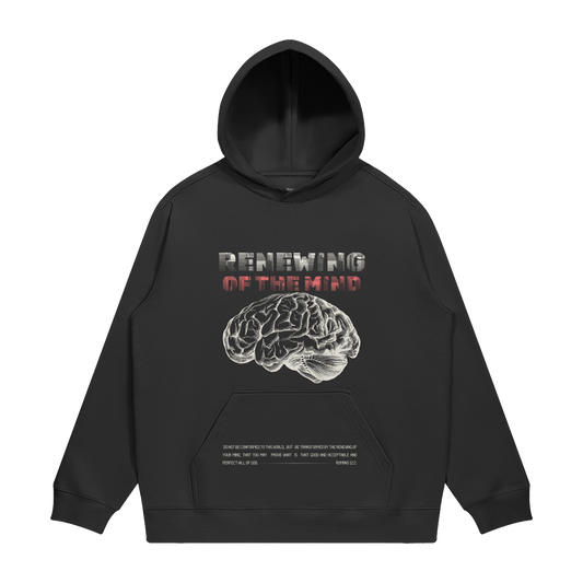 hype4holy christian apparel renewing of the mind black hoodie front | Black hoodie with brain graphic and text on a white background