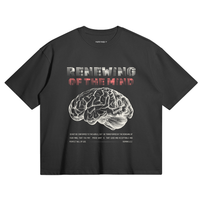 hype4holy christian apparel renewing of the mind boxy t-shirt in black color with bible verse design front | Black t-shirt with brain graphic and text 'Renewing of the Mind' on a white background