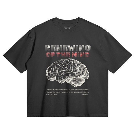 hype4holy christian apparel renewing of the mind boxy t-shirt in black color with bible verse design front | Black t-shirt with brain graphic and text 'Renewing of the Mind' on a white background