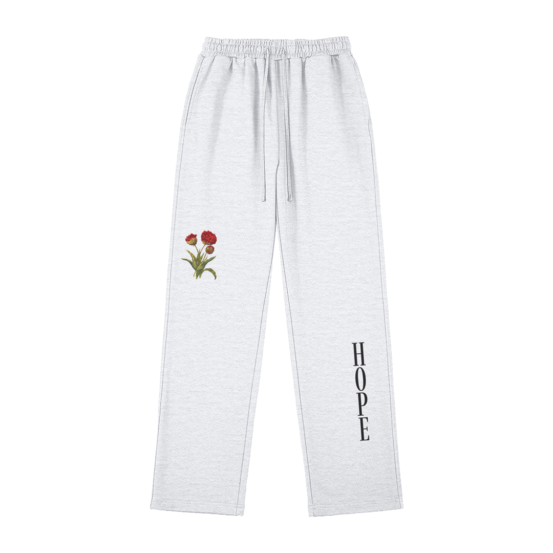 hype4holy christian apparel streetwear sweatpants in gray color with endless hope floral design front | gray sweatpants with floral design and 'HOPE' text on a white background
