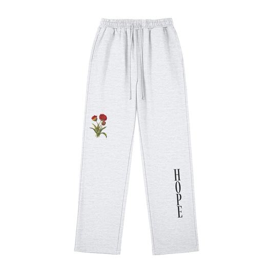 hype4holy christian apparel streetwear sweatpants in gray color with endless hope floral design front | gray sweatpants with floral design and 'HOPE' text on a white background