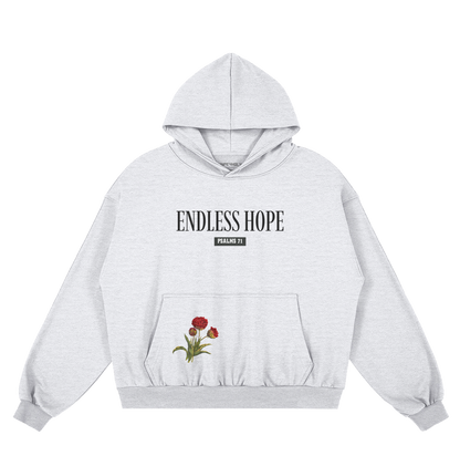 hype4holy endless hope psalms 71 gray vintage hoodie with flower design christian hoodie front | Gray hoodie with 'Endless Hope' text and floral design on a white background