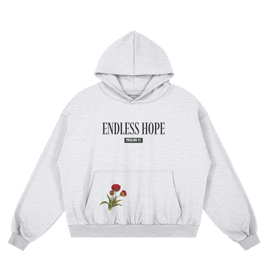 hype4holy endless hope psalms 71 gray vintage hoodie with flower design christian hoodie front | Gray hoodie with 'Endless Hope' text and floral design on a white background