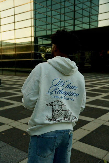 hype4holy redemption white streetwear hoodie model picture, back