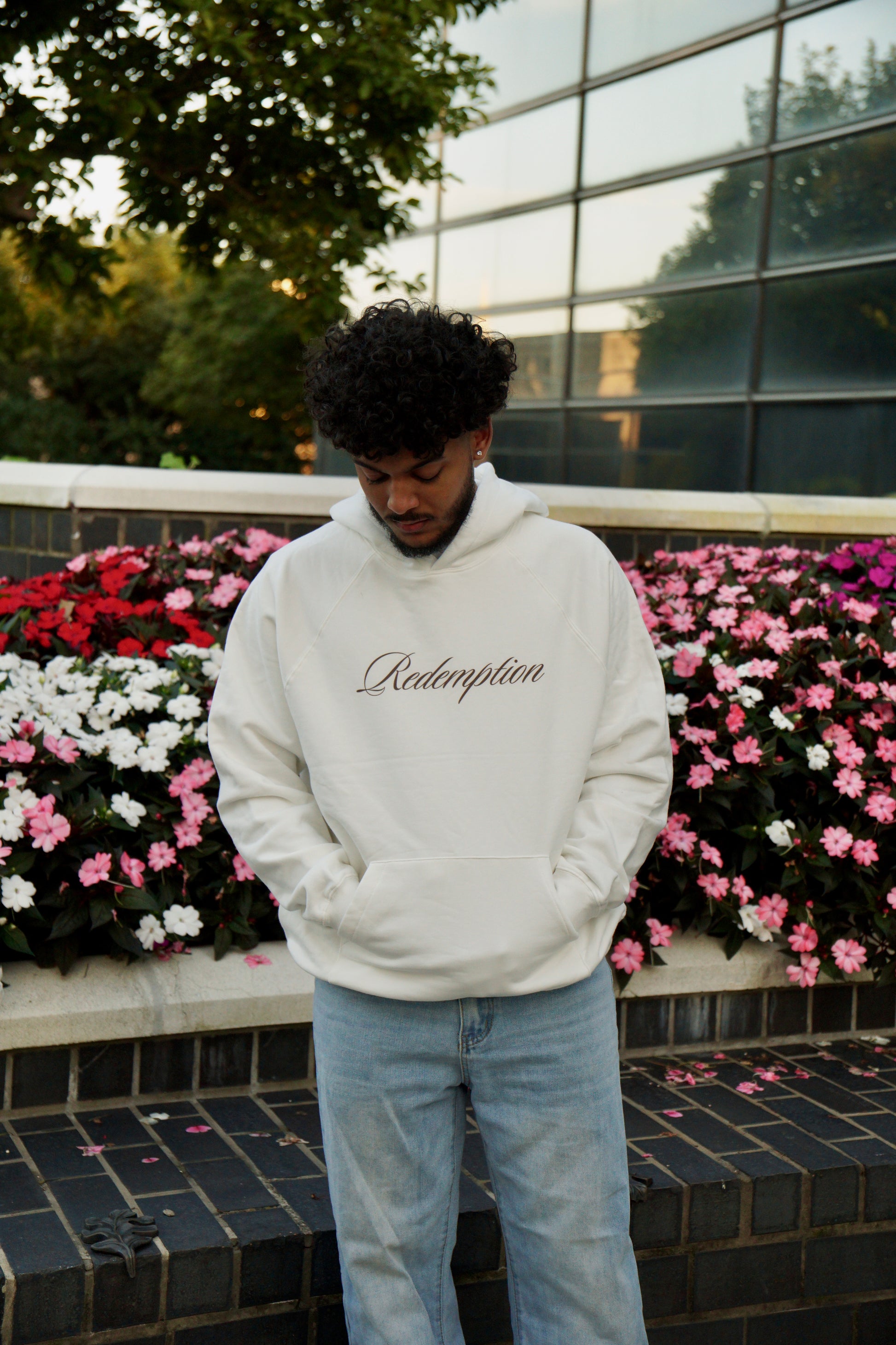 hype4holy redemption christian streetwear hoodie white, model picture front
