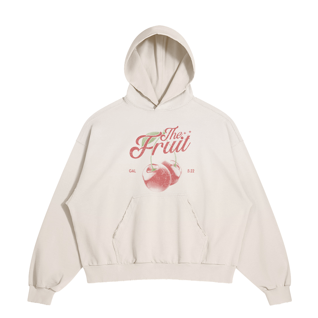 hype4holy the fruit vintage distressed hoodie cream color front fruit of the spirit hoodie christian apparel | Beige hoodie with red graphic and text on a white background