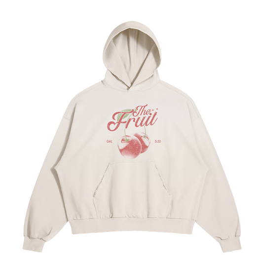 hype4holy the fruit vintage distressed hoodie cream color front fruit of the spirit hoodie christian apparel | Beige hoodie with red graphic and text on a white background