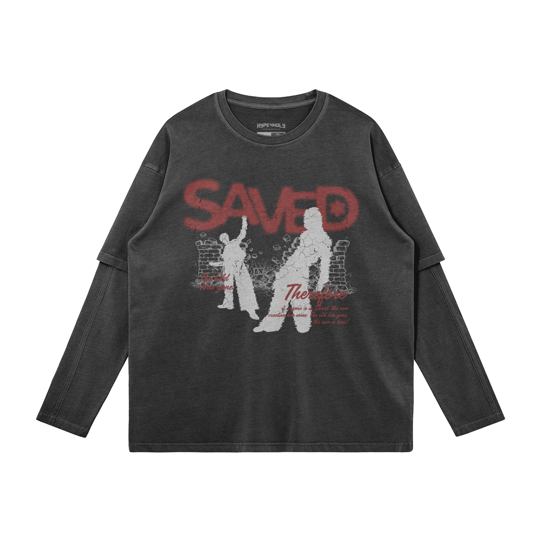 saved Black long-sleeve shirt with graphic design and text on a white background
