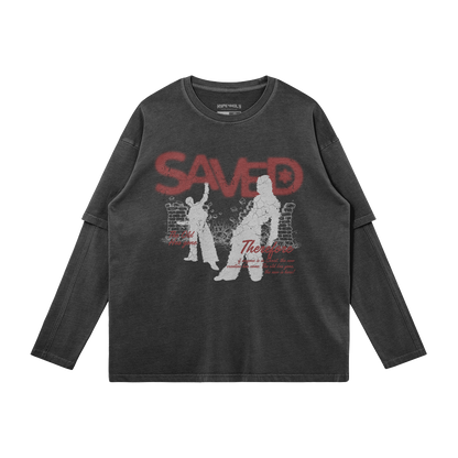 saved Black long-sleeve shirt with graphic design and text on a white background