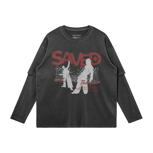 saved Black long-sleeve shirt with graphic design and text on a white background