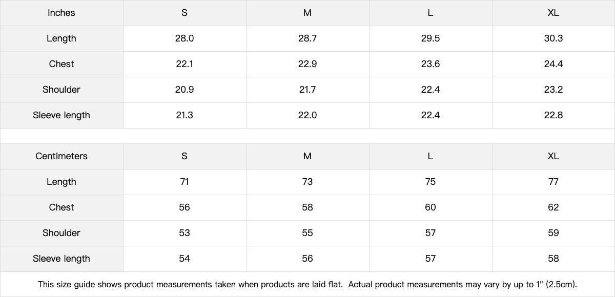 saved long sleeve t shirt Size chart for clothing measurements in inches and centimeters.