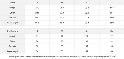 saved long sleeve t shirt Size chart for clothing measurements in inches and centimeters.