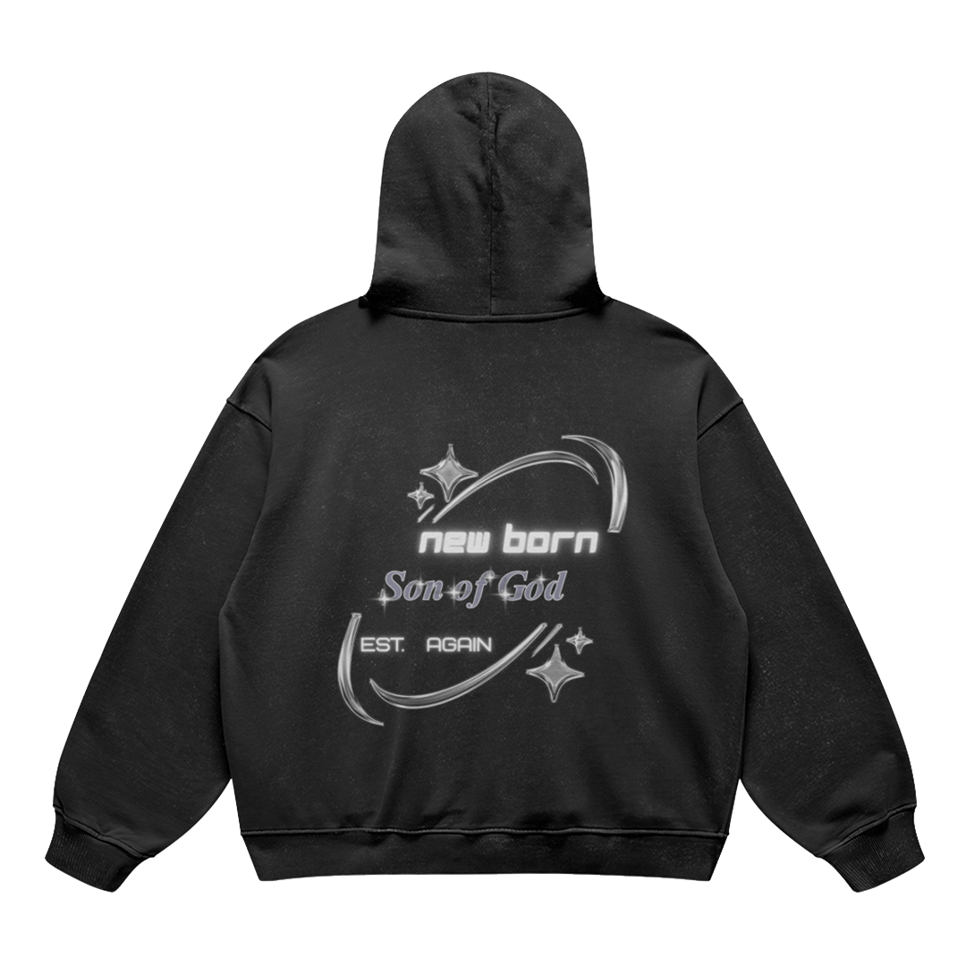 son of god Black hoodie with white text and graphics on the back against a white background