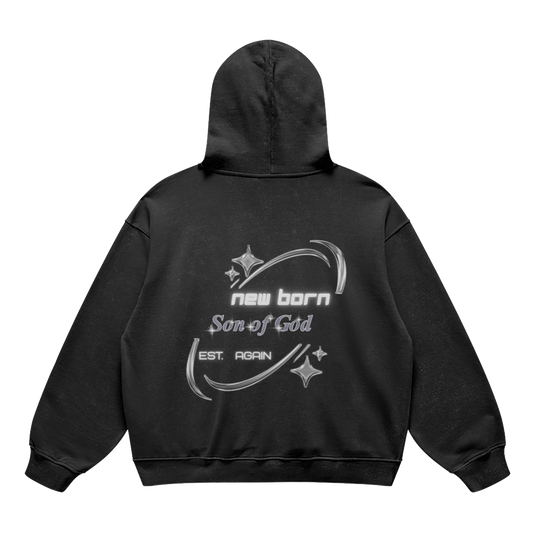 son of god Black hoodie with white text and graphics on the back against a white background