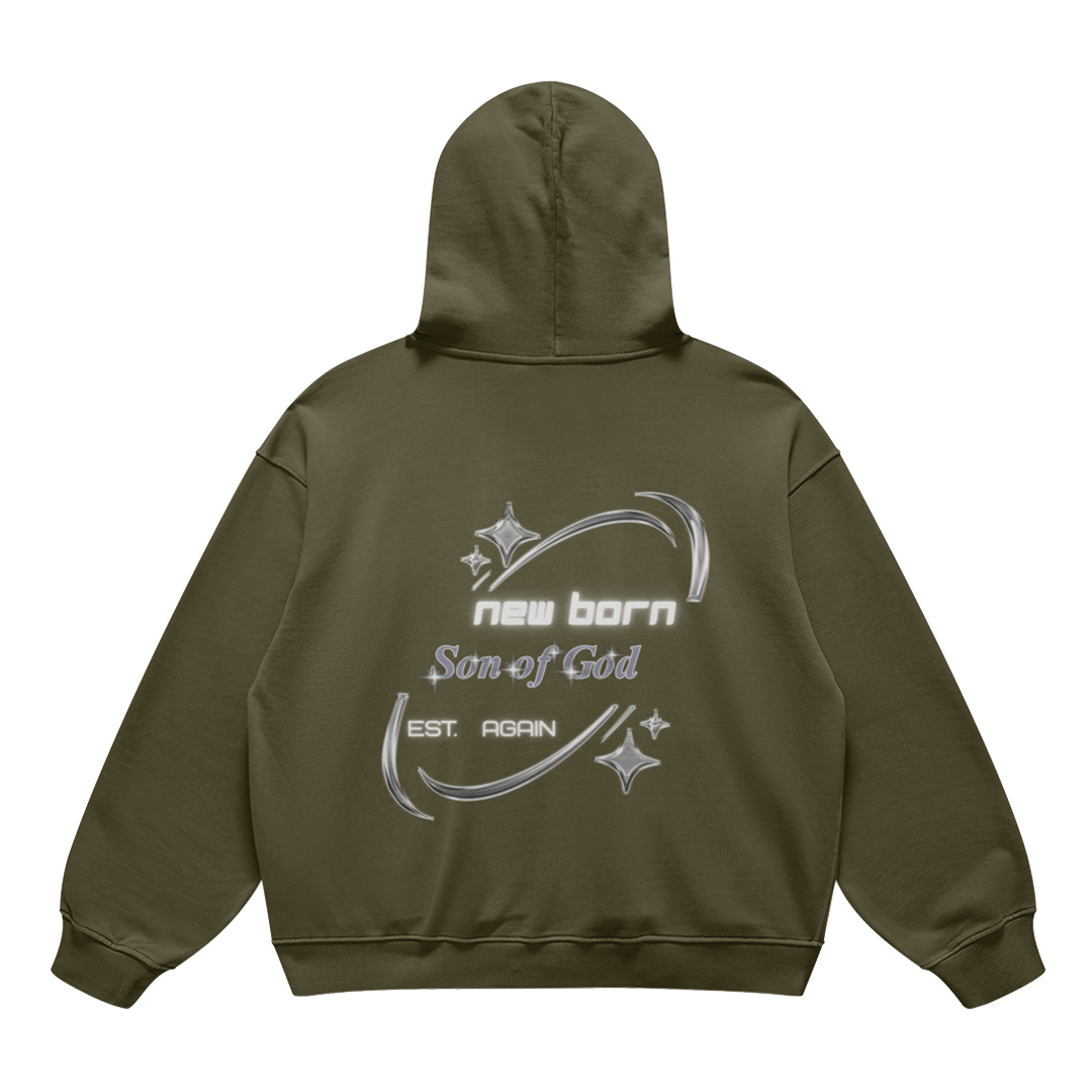 son of gof Green hoodie with text and star designs on the back against a white background