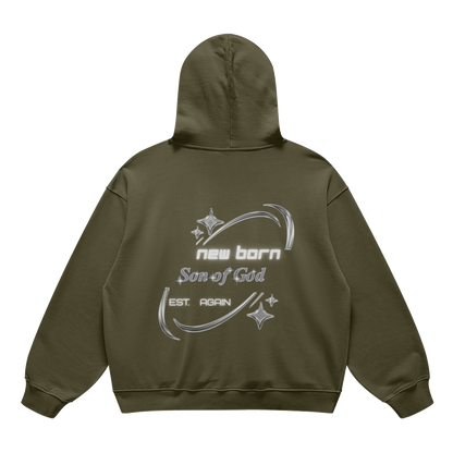 son of gof Green hoodie with text and star designs on the back against a white background