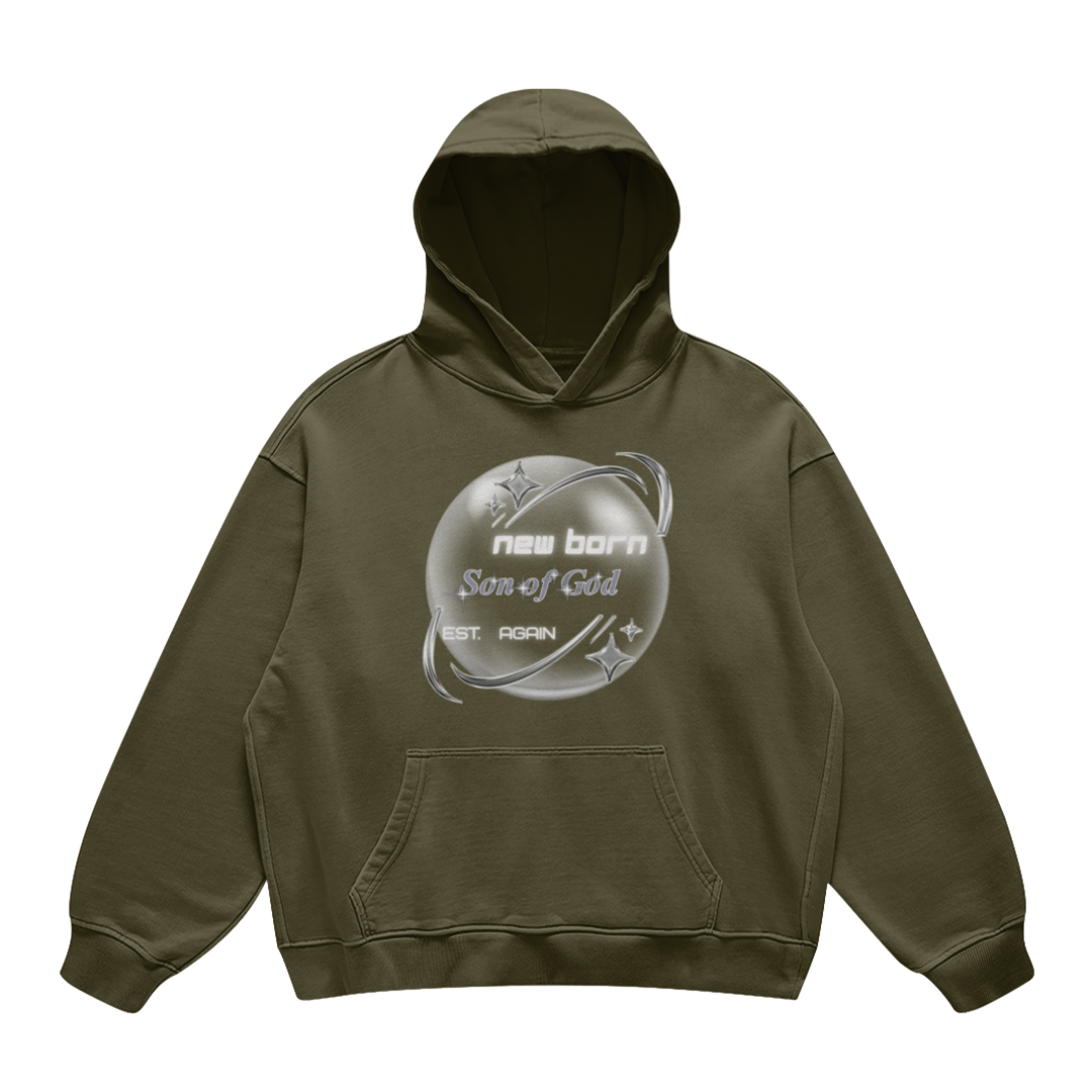 son of god Green hoodie with graphic design on a white background