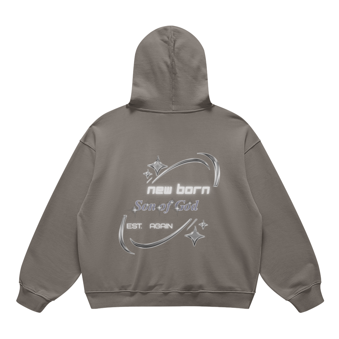 son of god Gray hoodie with text and graphics on the back against a white background