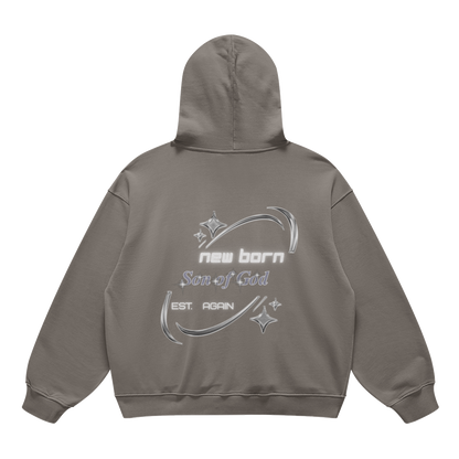 son of god Gray hoodie with text and graphics on the back against a white background